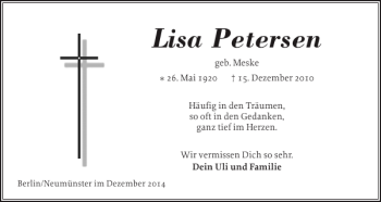 Traueranzeige von Lisa Petersen von Holsteinischer Courier