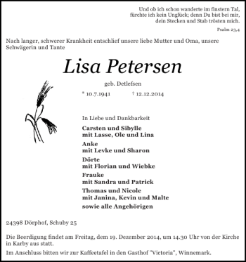 Traueranzeige von Lisa Petersen von Flensburger Tageblatt