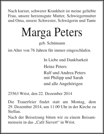 Traueranzeige von Marga Peters von Norddeutsche Rundschau