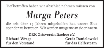 Traueranzeige von Marga Peters von Norddeutsche Rundschau