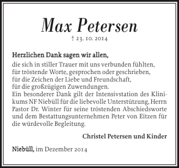 Traueranzeige von Max Petersen von Husumer Nachrichten