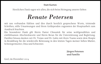 Traueranzeige von Renate Petersen von Schleswiger Nachrichten