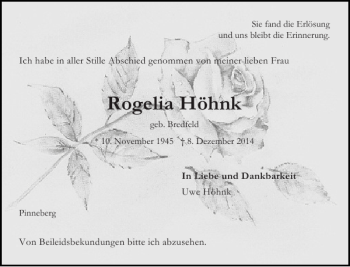 Traueranzeige von Rogelia Höhnk von Pinneberger Tageblatt