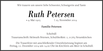 Traueranzeige von Ruth Petersen von Husumer Nachrichten