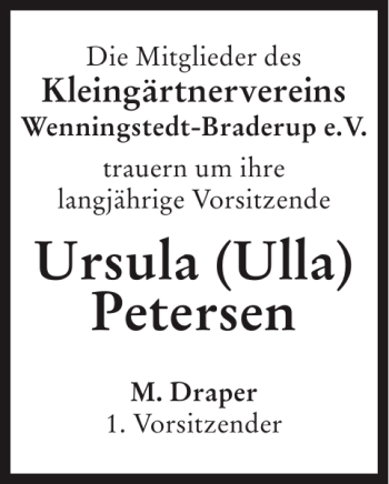 Traueranzeige von Ursula Ulla Petersen von Sylter Rundschau