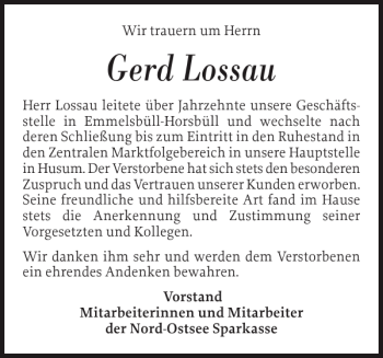 Traueranzeige von Gerd Lossau von Nordfriesland Tageblatt