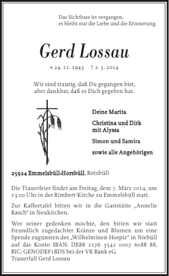 Traueranzeige von Gerd Lossau von Nordfriesland Tageblatt