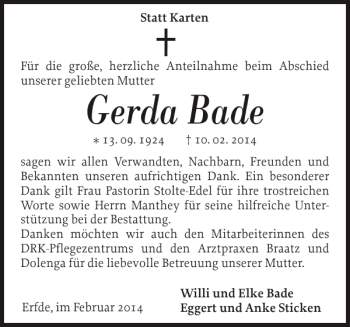Traueranzeige von Gerda Bade von Landeszeitung