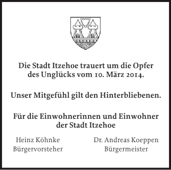 Traueranzeige von Opfer des Unglücks in der Stadt Itzehoe  von Norddeutsche Rundschau