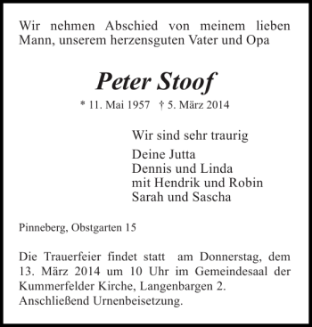 Traueranzeige von Peter Stoof von Pinneberger Tageblatt