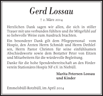 Traueranzeige von Gerd Lossau von Nordfriesland Tageblatt