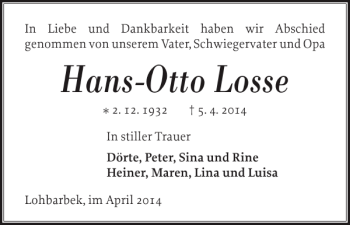 Traueranzeige von Hans-Otto Losse von Norddeutsche Rundschau
