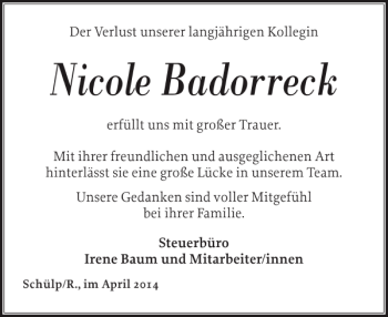 Traueranzeige von Nicole Badorreck von Landeszeitung