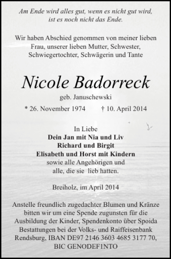 Traueranzeige von Nicole Badorreck von Landeszeitung