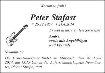 Traueranzeige von Peter Stafast von Holsteinischer Courier