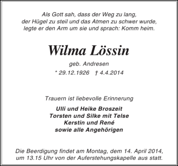 Traueranzeige von Wilma Lössin von Holsteinischer Courier