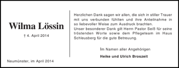 Traueranzeige von Wilma Lössin von Holsteinischer Courier