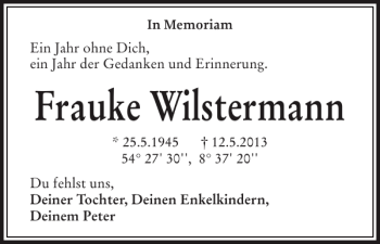 Traueranzeige von Frauke Wilstermann von Husumer Nachrichten