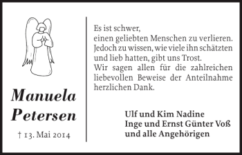 Traueranzeige von Manuela Petersen von Holsteinischer Courier
