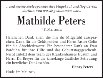 Traueranzeige von Mathilde Peters von Husumer Nachrichten