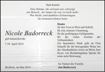 Traueranzeige von Nicole Badorreck von Landeszeitung