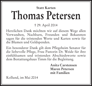 Traueranzeige von Thomas Petersen von Flensburger Tageblatt