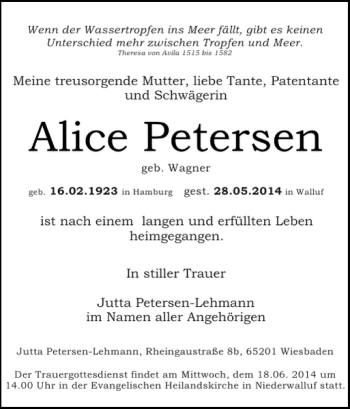 Traueranzeige von Alice Petersen von Flensburger Tageblatt