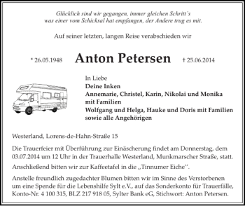 Traueranzeige von Anton Petersen von Sylter Rundschau