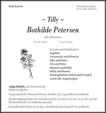 Traueranzeige von Bothilde Petersen von Husumer Nachrichten