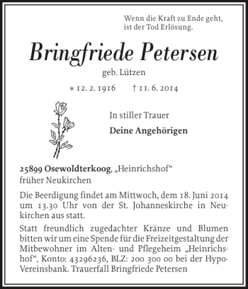 Traueranzeige von Bringfriede Petersen von Nordfriesland Tageblatt