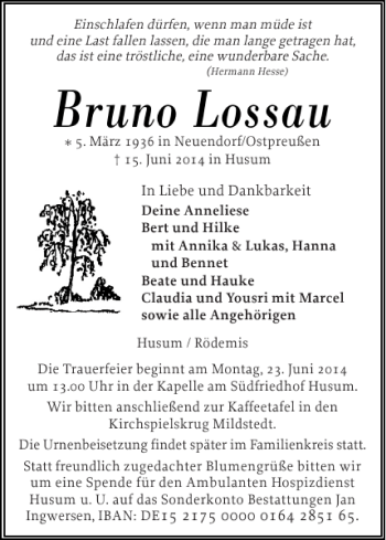 Traueranzeige von Bruno Lossau von Husumer Nachrichten