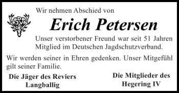 Traueranzeige von Erich Petersen von Flensburger Tageblatt