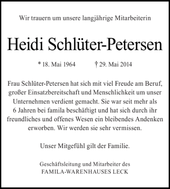 Traueranzeige von Heidi Schlüter-Petersen von Nordfriesland Tageblatt