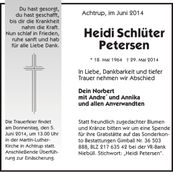 Traueranzeige von Heidi Schlüter Petersen von Nordfriesland Tageblatt
