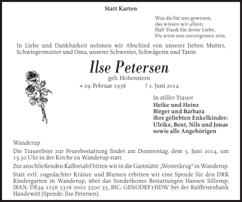 Traueranzeige von Ilse Petersen von Flensburger Tageblatt