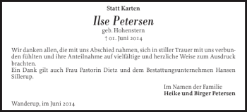 Traueranzeige von Ilse Petersen von Flensburger Tageblatt