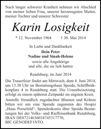 Traueranzeige von Karin Losigkeit von Landeszeitung
