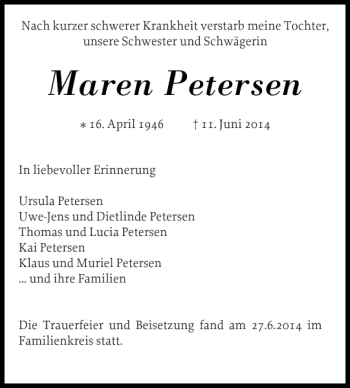 Traueranzeige von Maren Petersen von Flensburger Tageblatt