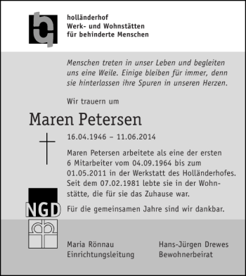 Traueranzeige von Maren Petersen von Flensburger Tageblatt