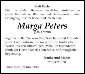 Traueranzeige von Marga Peters von Landeszeitung