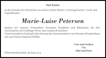 Traueranzeige von Marie-Luise Petersen von Husumer Nachrichten