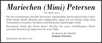 Traueranzeige von Mariechen Petersen von Husumer Nachrichten