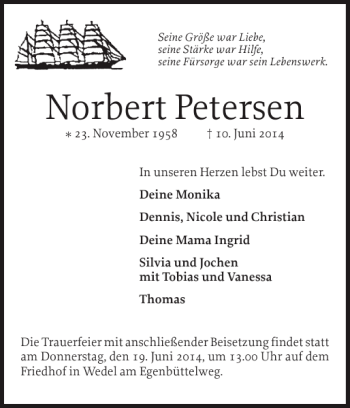 Traueranzeige von Norbert Petersen von Pinneberger Tageblatt