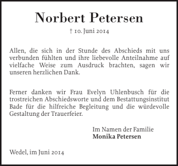 Traueranzeige von Norbert Petersen von Pinneberger Tageblatt
