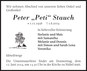 Traueranzeige von Peter 'Peti' Stauch von Schleswiger Nachrichten