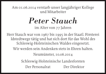 Traueranzeige von Peter Stauch von Schleswiger Nachrichten