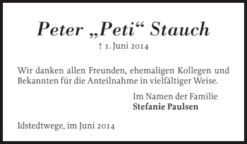 Traueranzeige von Peter Peti Stauch von Schleswiger Nachrichten