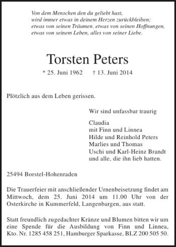 Traueranzeige von Torsten Peters von Pinneberger Tageblatt