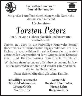 Traueranzeige von Torsten Peters von Pinneberger Tageblatt