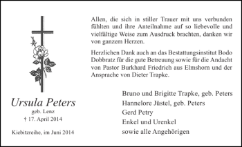 Traueranzeige von Ursula Peters von Elmshorner Nachrichten